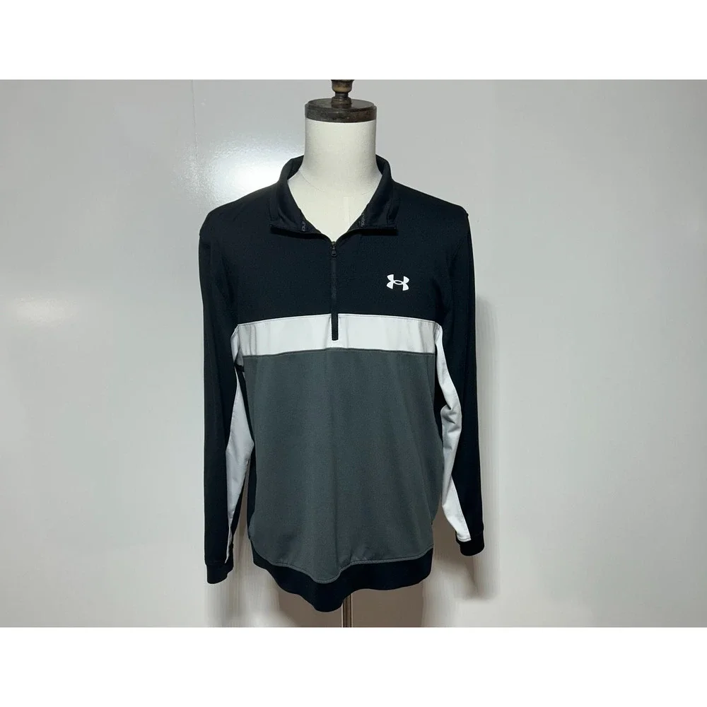 Under Armour Golf Sweater Mens XL Black Gray Colorblock 1/4 Zip Pullover Stretch